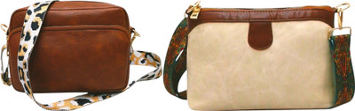 Dakota Brown, Beige Sling Bag /Crossbody Bag with White Adjustable Belt for Girls & Women(Pack of 2)