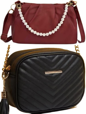 RANDAM Maroon, Black Sling Bag PU - Leather Tote Bag for Women Female Large Capacity Shoulder Bag Handbags.(Pack of 2)