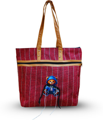 Ecomfd Red, Brown Shoulder Bag Red Striped Canvas Tote bag for Women | Stylish Shoulder Bag with Teddy Charm