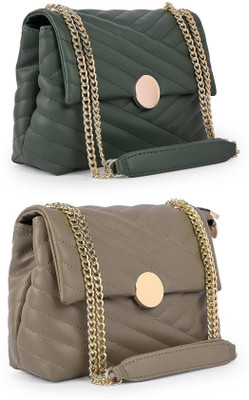 KRIFTY Green, Khaki Sling Bag Stylish Fancy Unique Design Sling Bag For Women's/Girls(Pack of 2)