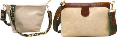 Dakota Beige, Beige Sling Bag with Detachable Green Belt for Girls & Women(Pack of 2)