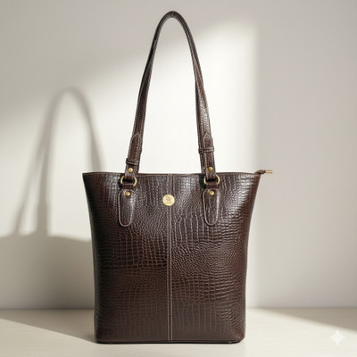 BUFFHORN Brown Shoulder Bag Crocodile Embossed Leather