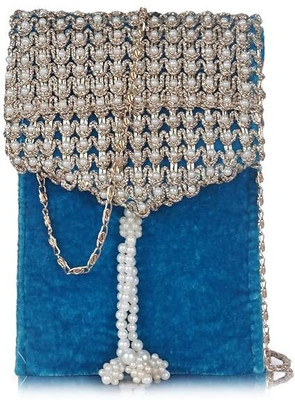 LANCER Blue Shoulder Bag Velvet Sling Clutch Bag with Pearl Chain & Magnetic Lock for Women
