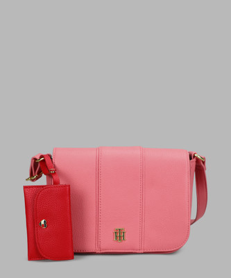 TOMMY HILFIGER Pink Sling Bag CHLOE II - VALENTINE-ENGLISH PINK-FLAP XBODY W/ POUCH-PEBBLE PVC