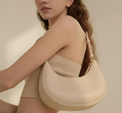 DECORZ Beige Sling Bag Small Crescent Leather Shoulder Bag for Women Crossbody Half Moon Hobo Bag