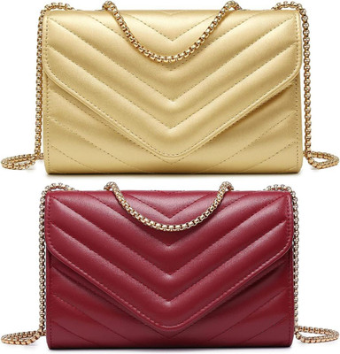 KRIFTY Gold, Maroon Sling Bag Stylish Fancy Unique Design Sling Bag For Women's/Girls(Pack of 2)