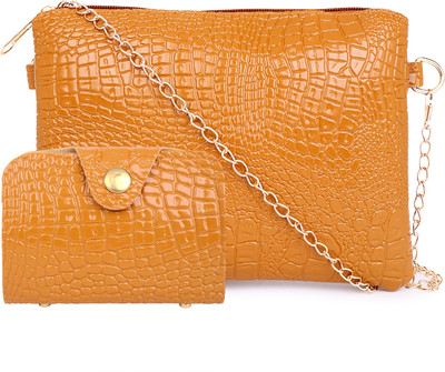 Mark & Keith Yellow Sling Bag Croc-Embossed Sling Bag With Metallic Strap(Pack of 2)