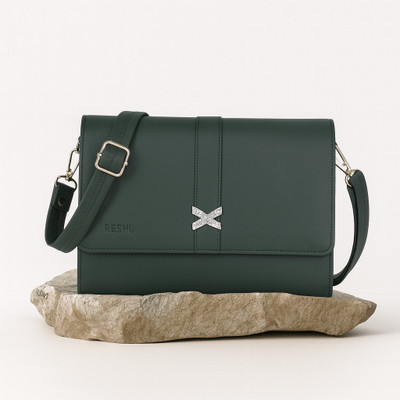 Reshu Green Sling Bag Handmade Vegan Leather Women's Sling Bags Adjustable Shoulder Strap & 3 pockets