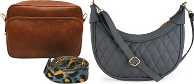 Dakota Grey, Brown Sling Bag Genuine Leather Stylish Moon Bag for Women – Compact & Trendy(Pack of 2)