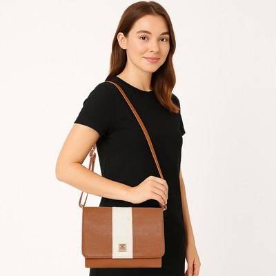 ESBEDA Tan Sling Bag Bobbie Colorblock Textured PU Flap Sling Bag
