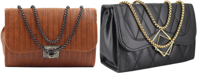 zufisha Tan, Black Sling Bag Women Embossed Textured Flap Sling Bag with Adjustable Strap(Pack of 2)