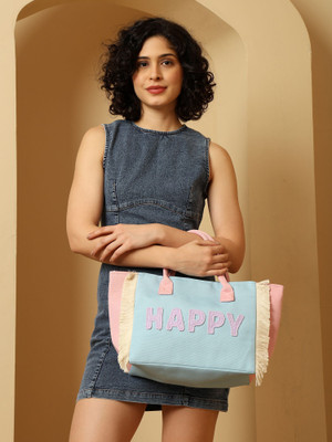 ENSAC Blue, Pink Tote Women’s Pastel Canvas Tote Bag with “HAPPY” Embroidery, Stylish Casual Handbag