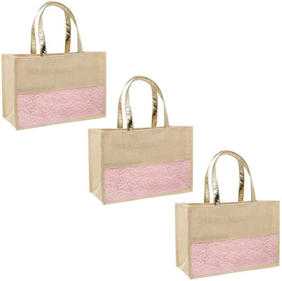 ENSAC Pink Tote JUTE-GIFTBAGS(Pack of 3)