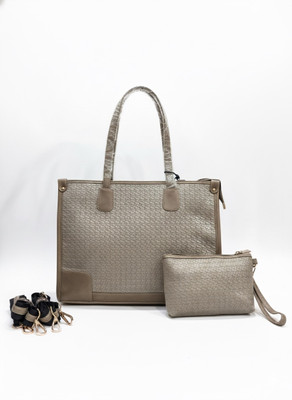 DEELMORE Beige Tote 2 in 1 Structured Faux Leather Tote Bag Set Women’s , Satchel with Pouch(Pack of 2)