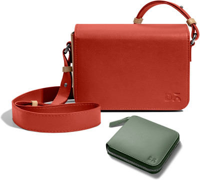 DailyObjects Red Sling Bag Sol Box Shoulder Bag | Sap Green Vegan Leather Zip Wallet Combo(Pack of 2)