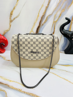 SOULSOURCE Beige Sling Bag Luxury Beige Monogram Chain Shoulder Bag – Elegant Designer Purse for Women