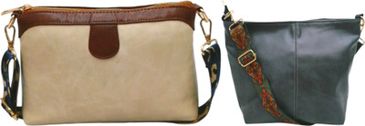 Dakota Beige, Grey Sling Bag Stylish Crossbody Bag with Dark Blue Belt For Girls & Women(Pack of 2)