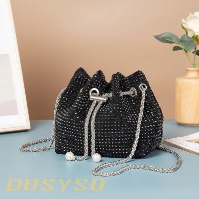 DOSYSO Black Sling Bag Rhinestone Bucket bag Crossbody bag Potli sling Bag for women wedding new purse