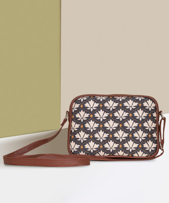 ZOUK Black, White Sling Bag Handmade Bags for Females - Vegan Leather and Indian Fabric Slings