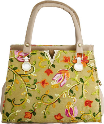 Onish Multicolor Shoulder Bag Embroidered Handbag for Women – Velvet Fabric | Floral Pattern, Beige with sling