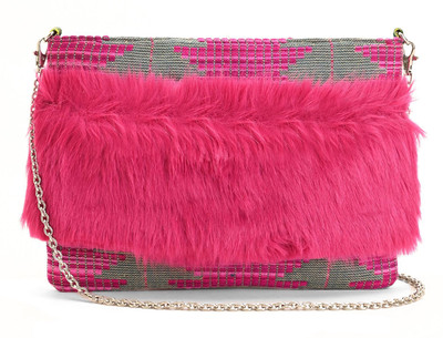 Boho Girl Multicolor Shoulder Bag Pink Faux Fur StrIped Crossbody Clutch