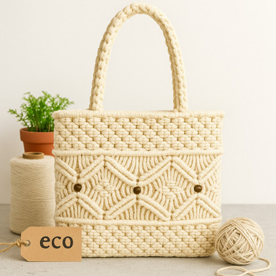 EZoneTrading White Tote Women’s Cream Macramé Tote Bag | Cotton Rope Boho Shoulder Bag