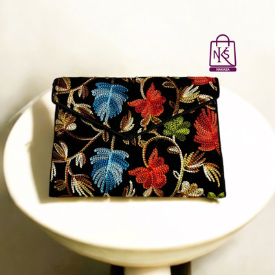NAKASA Black Clutch Women's Kashmiri Handmade Flower Embroidery Small Black Clutch Bag