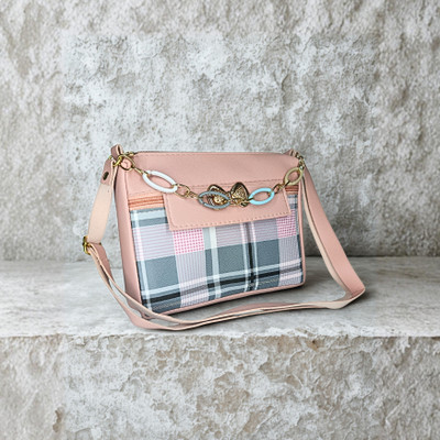 EVORK FASHION Pink Sling Bag Women's Checkered Plaid Crossbody Sling Bag with Golden Chain & Bow Detail