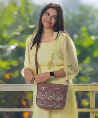 ZOUK Black Sling Bag Royal Indian Peacock Motif U Shaped Sling Bag