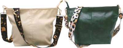 Dakota Beige, Green Sling Bag with Detachable Golden Belt for Girls & Women(Pack of 2)