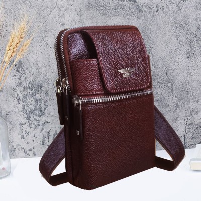 ABYS Brown Shoulder Bag Genuine Leather Vertical Passport/Mobile Pouch Cum Waist Bag for Men & Women