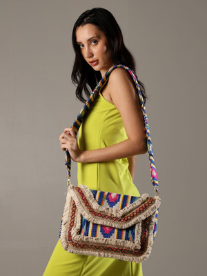 ENSAC Blue, Pink Sling Bag Bohemian Embroidered Fringe Crossbody Bag, Stylish Ethnic Shoulder Purse