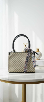 Harmi collection Brown, Beige Tote Stylish Monogram Print Handbag with Detachable Scarf