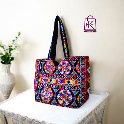 NAKASA Black Tote Women's Gujarati Handmade Mirror Work Regular Black Tote Bag