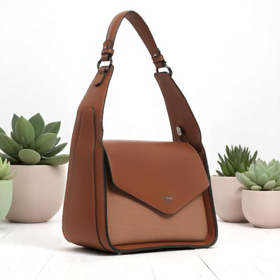 Exotic Premium Tan Shoulder Bag Unique Design Textured Flap Closure Bag