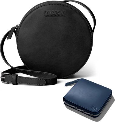 DailyObjects Black Sling Bag Faux Leather - Orbis Crossbody Bag | Ultramarine Blue Leather Zip Wallet Combo(Pack of 2)
