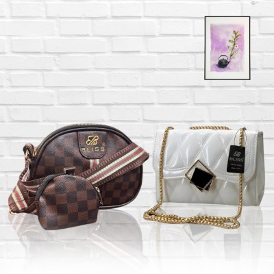 Bliss Brown, White Sling Bag Combo coin pocket brown, White black lock vivid pink Pu leather girls women(Pack of 2)