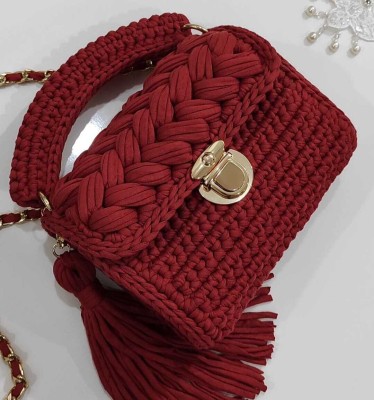 JNT Maroon Sling Bag Women Knitted Crochet Slig Bag With Chain Strap