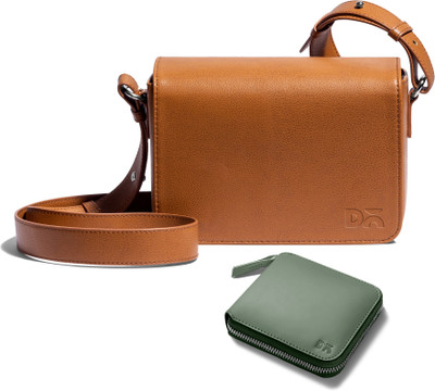 DailyObjects Tan Sling Bag Sol Box Shoulder Bag | Sap Green Vegan Leather Zip Wallet Combo(Pack of 2)