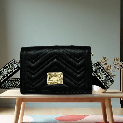 Sageware Black Sling Bag Stylish Quilted Sling Bag for Women & Girls Designer Black Crossbody Purse