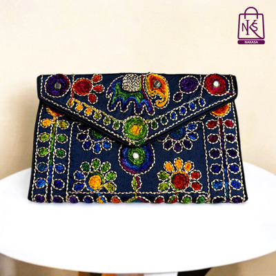 NAKASA Blue Clutch Women's Rajasthani Handmade Damru Embroidery Regular Blue Clutch Bag
