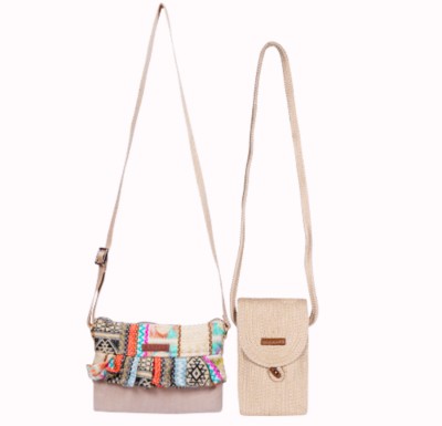 ENSAC Beige, Beige Sling Bag JUTEROPE-MOBILEcBEG-1_RUFFLEcBEG-2(Pack of 2)