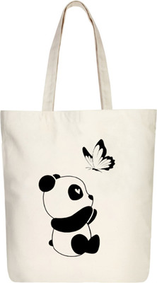 TRENDY TEXTURES ENTERPRISES Beige Tote Panda Printed Cotton Canvas Tote Bag Shopping & College Bag