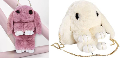 Nappmall Pink, White Sling Bag Cute Cartoon Rabbit Fluffy Bunny Crossbody Chain Bag for girls(Pack of 2)