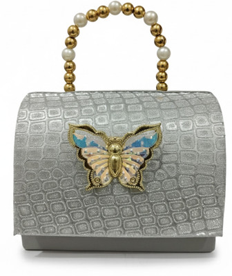 Velura Craft Grey Clutch Sling Bag with Pearl Handle|Butterfly Embellished Clutch Bag for Wedding,Party