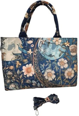 nexwave Blue, White Hand-held Bag Multipurpose Canvas Tote Printed Bag Shoulder Handbag with Top Zip for Women