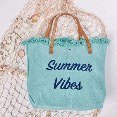 SS Collection Blue Hand-held Bag Summer Vibes Cotton Bag for Women, Embroidery Printed Cotton Bags for Girls