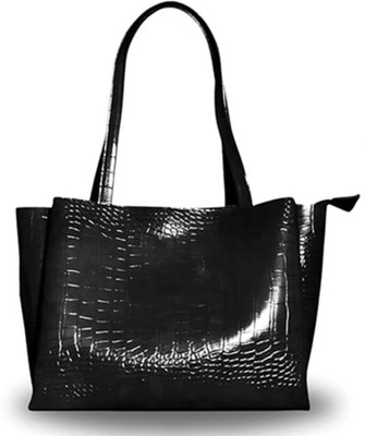 BEGGONIYAA Black Shoulder Bag Dual Tone Croco Pattern Texture