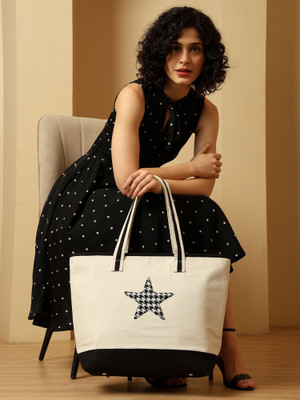 ENSAC Black Tote Women’s Canvas Tote Bag, Stylish Black & White Star Printed Shoulder Bag