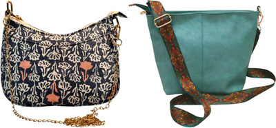Dakota Grey, Blue Sling Bag In Floral Printed Cotton with Multiple Compartments & Pockets(Pack of 2)